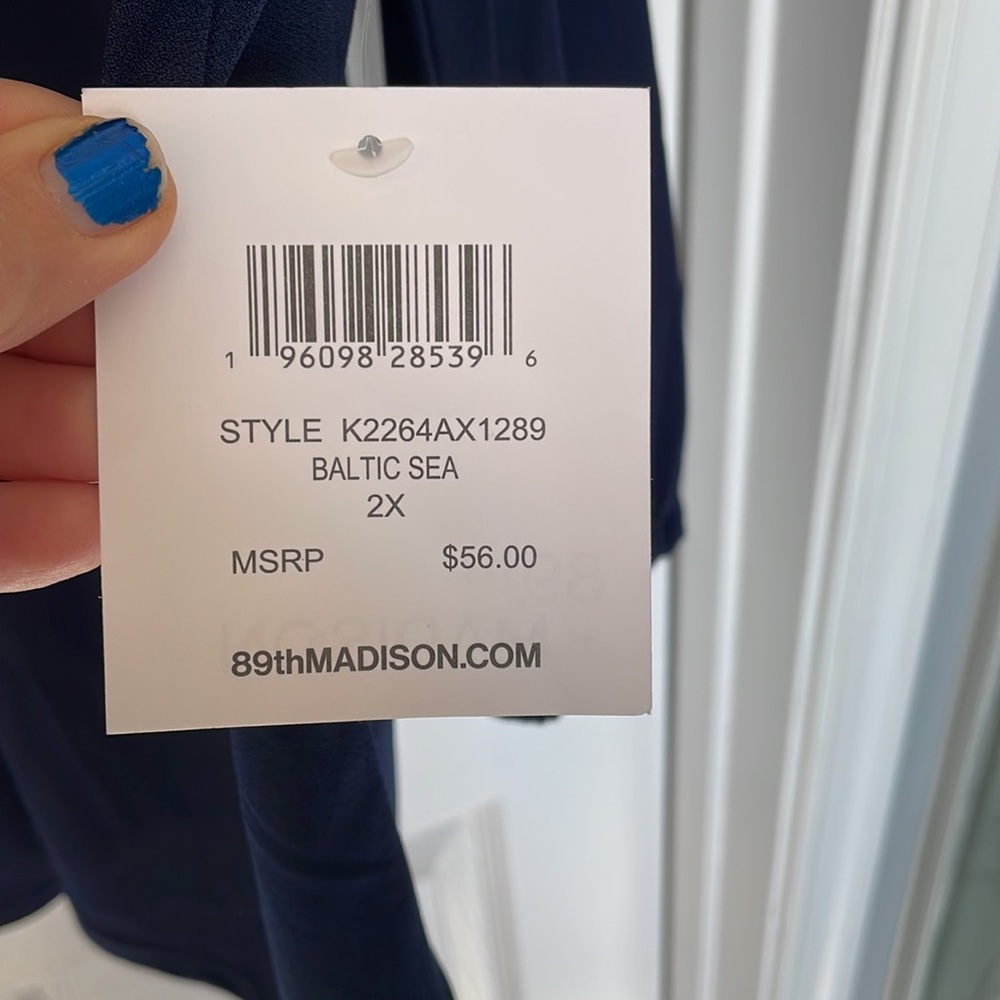 89th + MADISON NAVY RHINESTONE TRIM BLOUSE 3/4 SLEEVE V-NECK EVENING GLAM TOP 2X - Picture 9 of 9